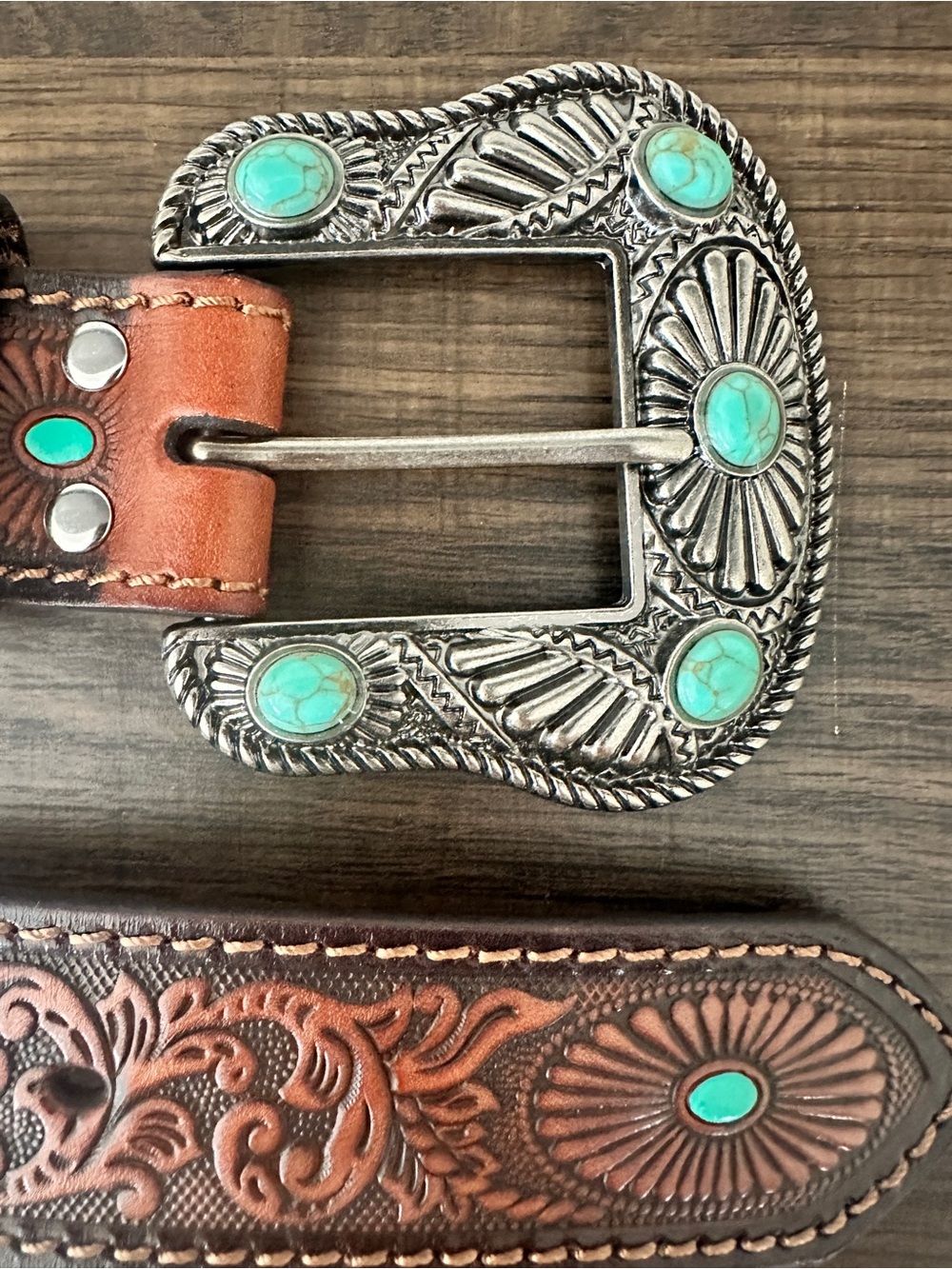Tooled Brown Leather Belt with Turquoise Accent and Silver Buckle